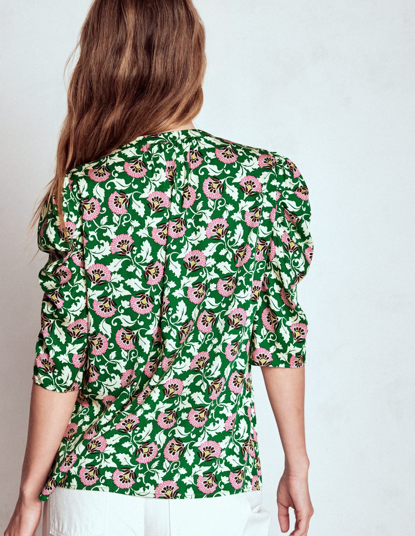 Mutton Sleeve Smart Top - Rich Emerald, Ornate Vine