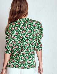 Mutton Sleeve Smart Top - Rich Emerald, Ornate Vine