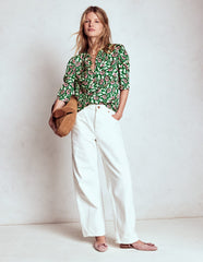 Mutton Sleeve Smart Top - Rich Emerald, Ornate Vine