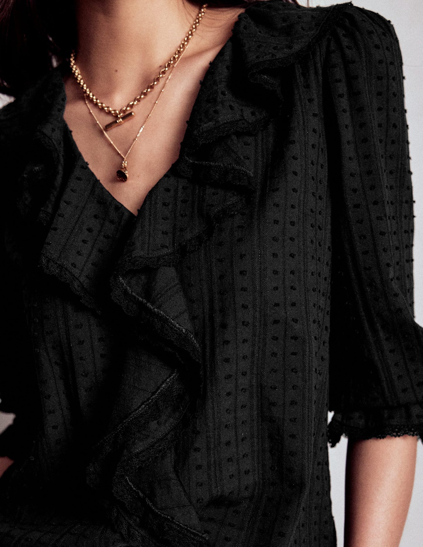 Ruffle V - Neck Blouse - Black