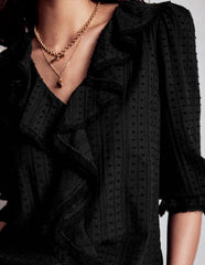 Ruffle V - Neck Blouse - Black