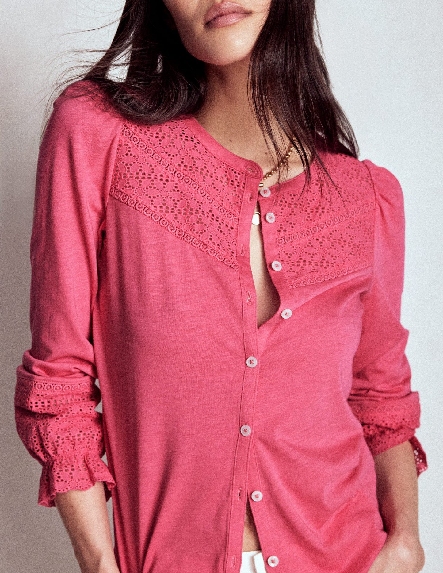 Pippa Broderie Jersey Shirt - Rose Pink