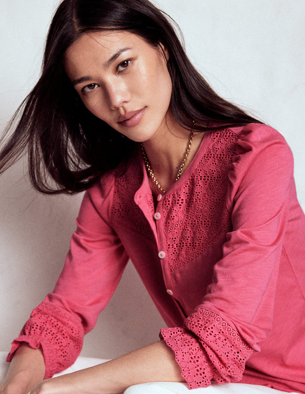 Pippa Broderie Jersey Shirt - Rose Pink