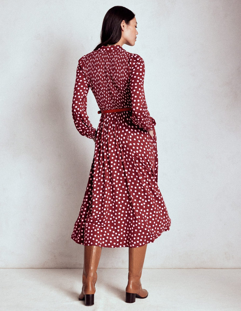 Smocked Jersey Shirt Dress - Chestnut, Painted Dot