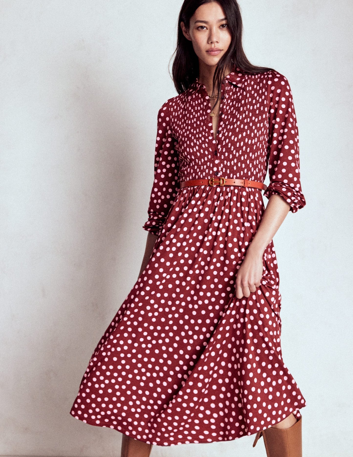 Smocked Jersey Shirt Dress - Chestnut, Painted Dot