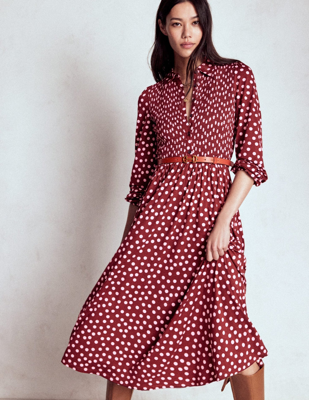 Smocked Jersey Shirt Dress - Chestnut, Painted Dot