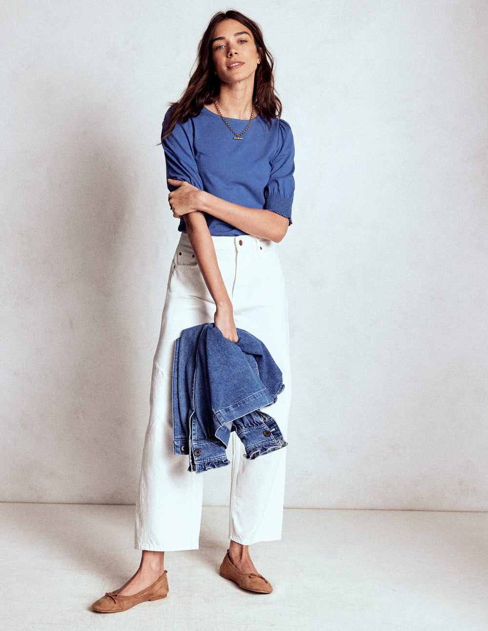 Short Sleeve Smocked Cuff Top - Denim Blue