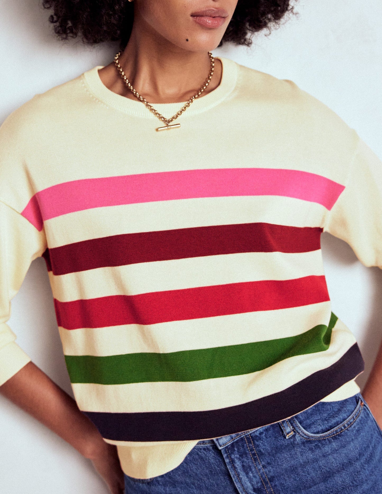 Lara Relaxed Cotton Jumper - Ivory, Multi Stripe