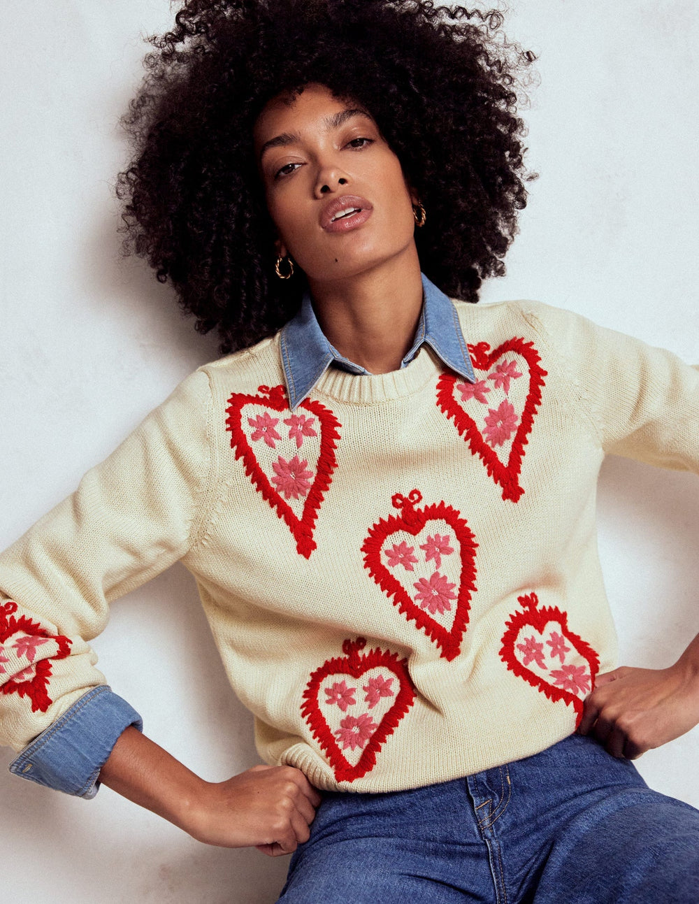 Graphic Embroidered Sweater - Warm Ivory, Hearts