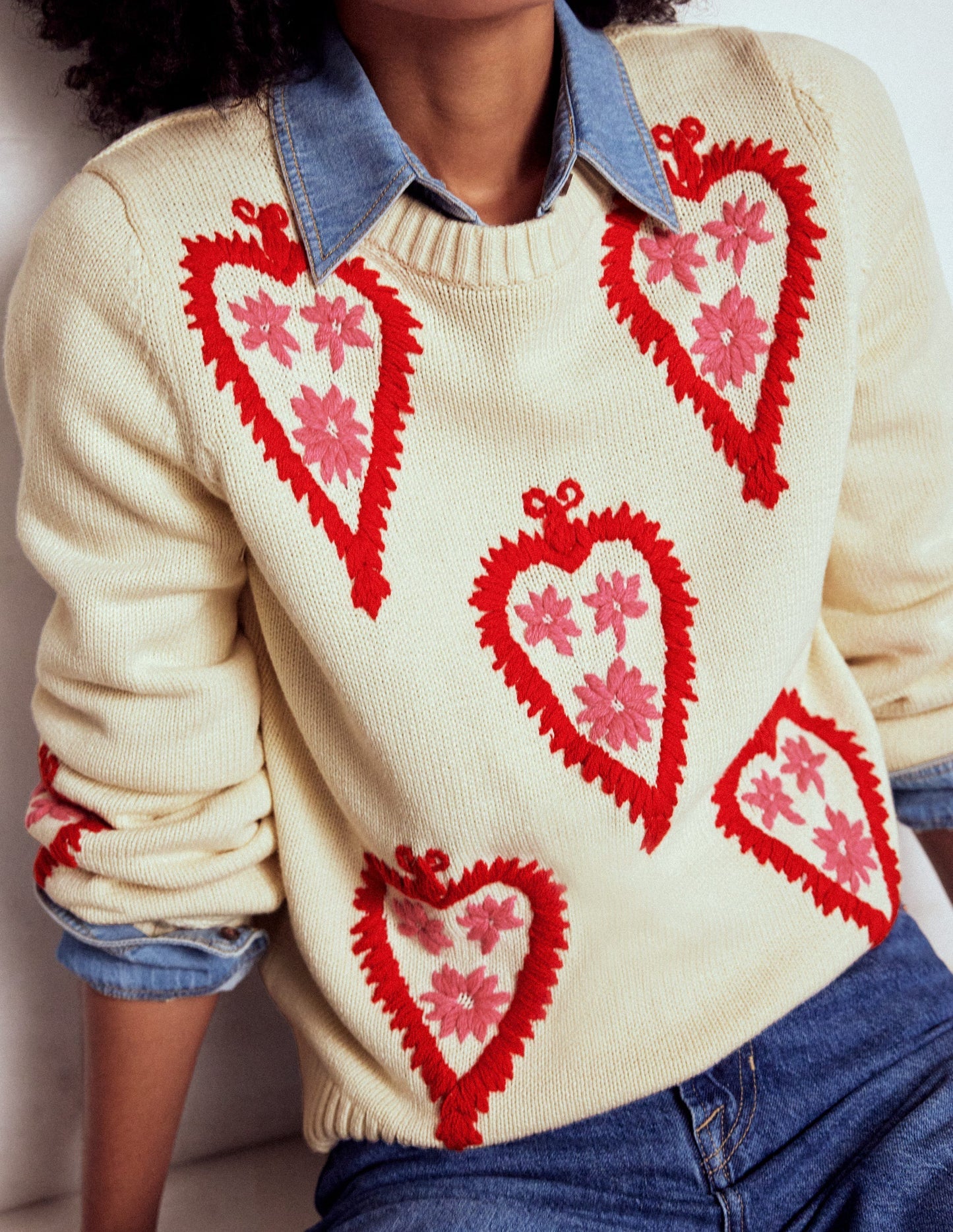 Graphic Embroidered Sweater - Warm Ivory, Hearts