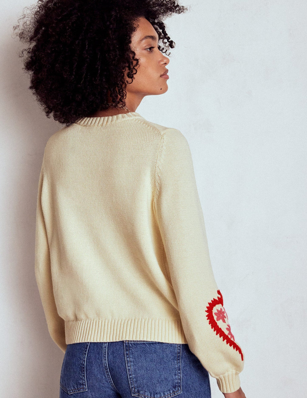 Graphic Embroidered Sweater - Warm Ivory, Hearts