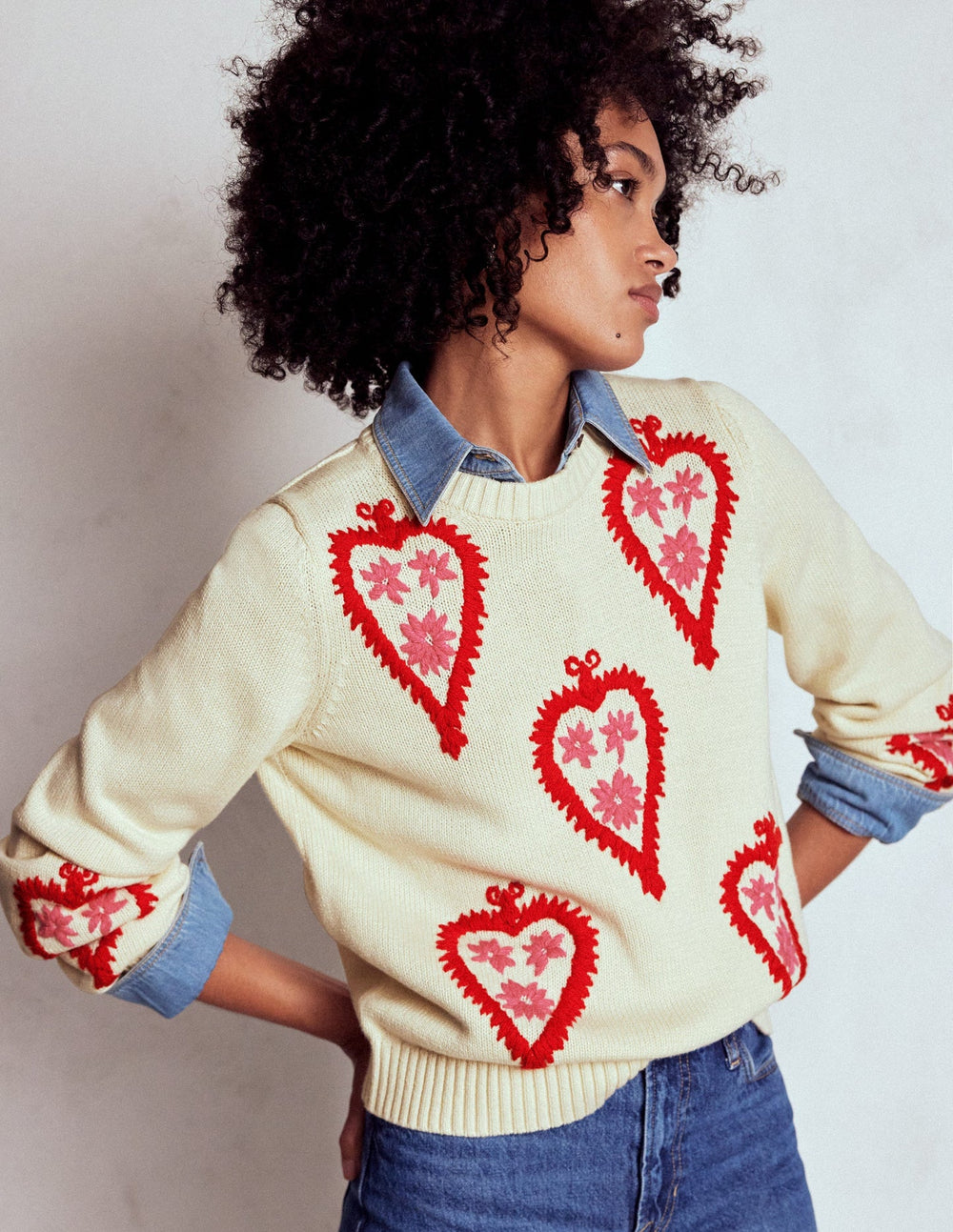 Graphic Embroidered Sweater - Warm Ivory, Hearts