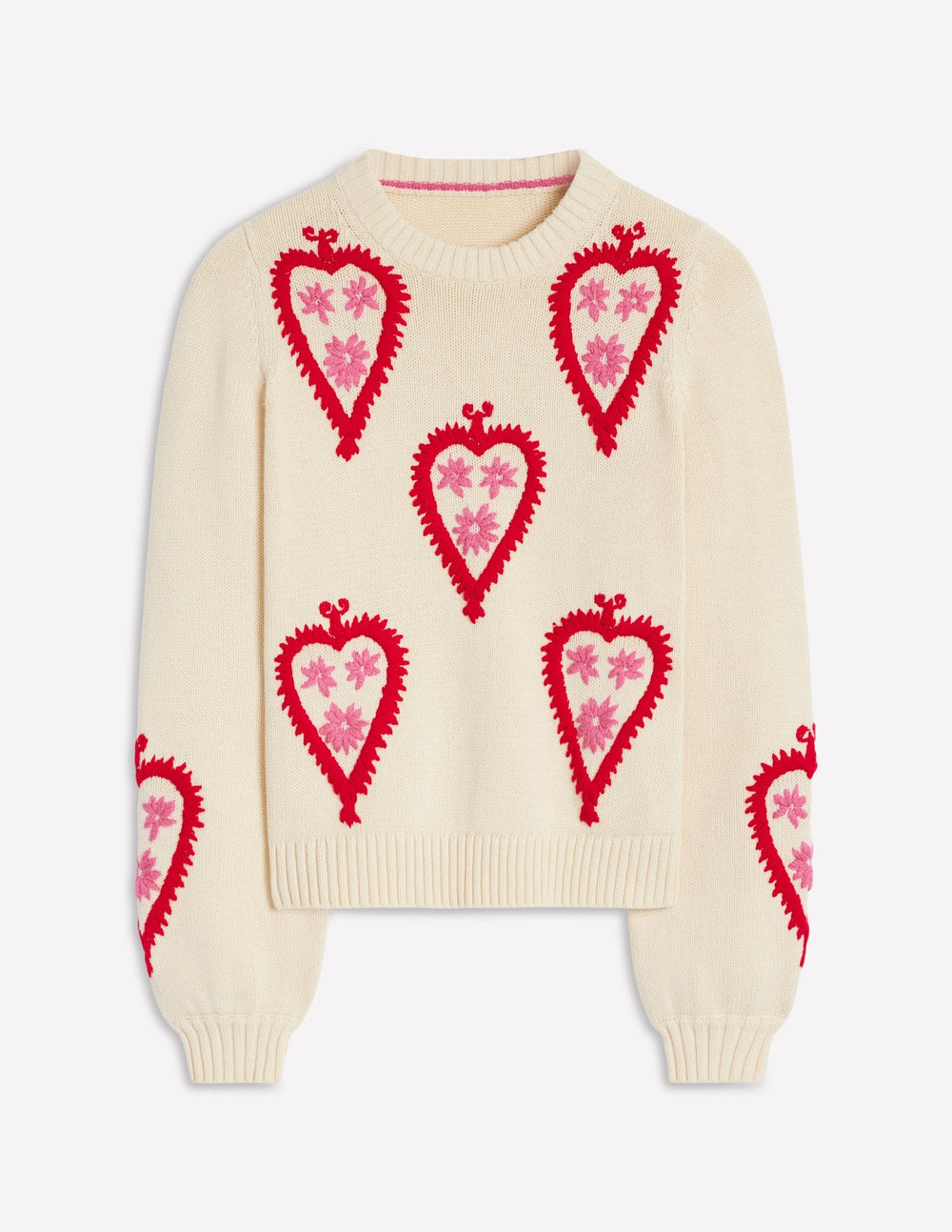Graphic Embroidered Sweater - Warm Ivory, Hearts