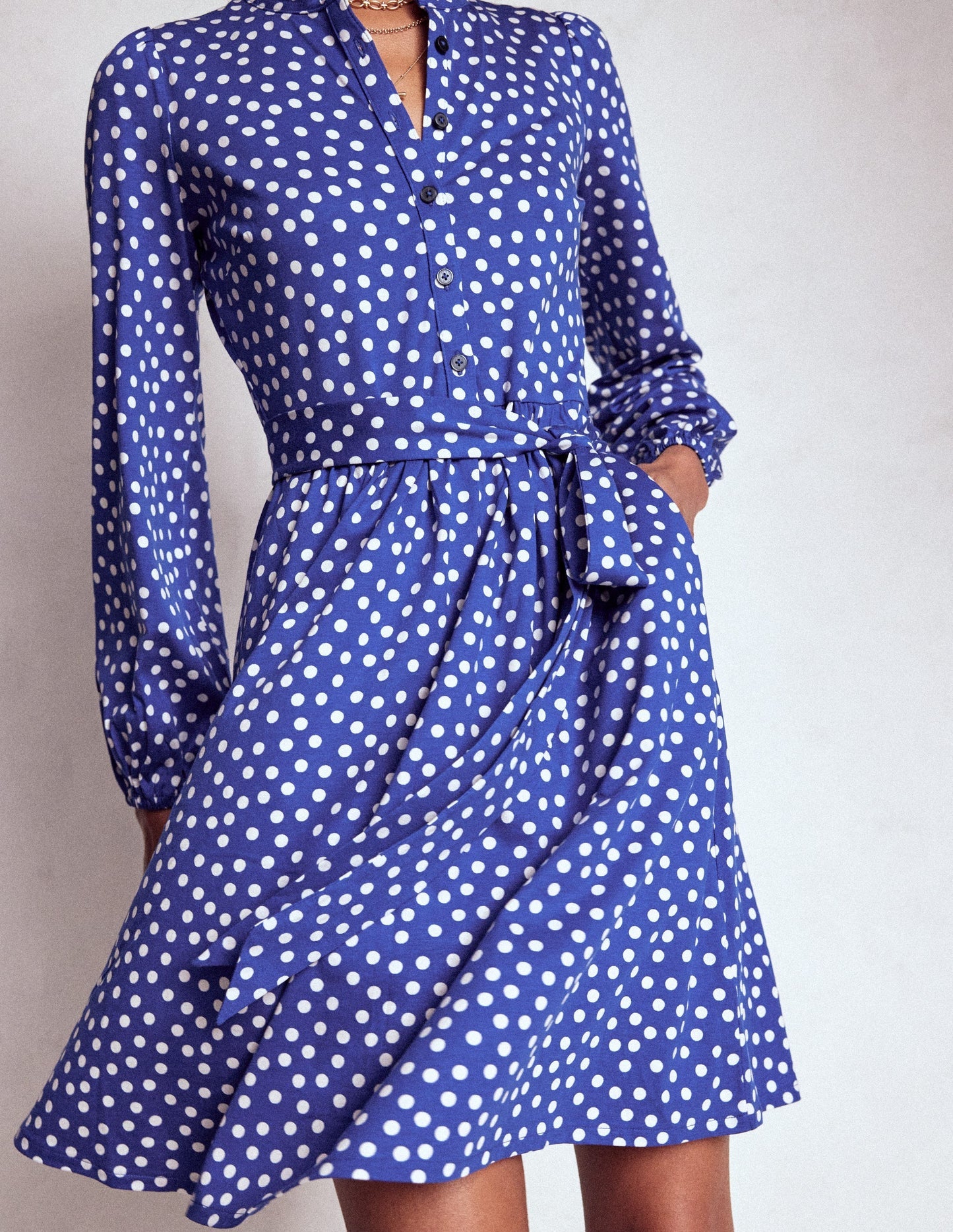 Willow Ruffle Neck Shirt Dress - Bright Blue, Dot