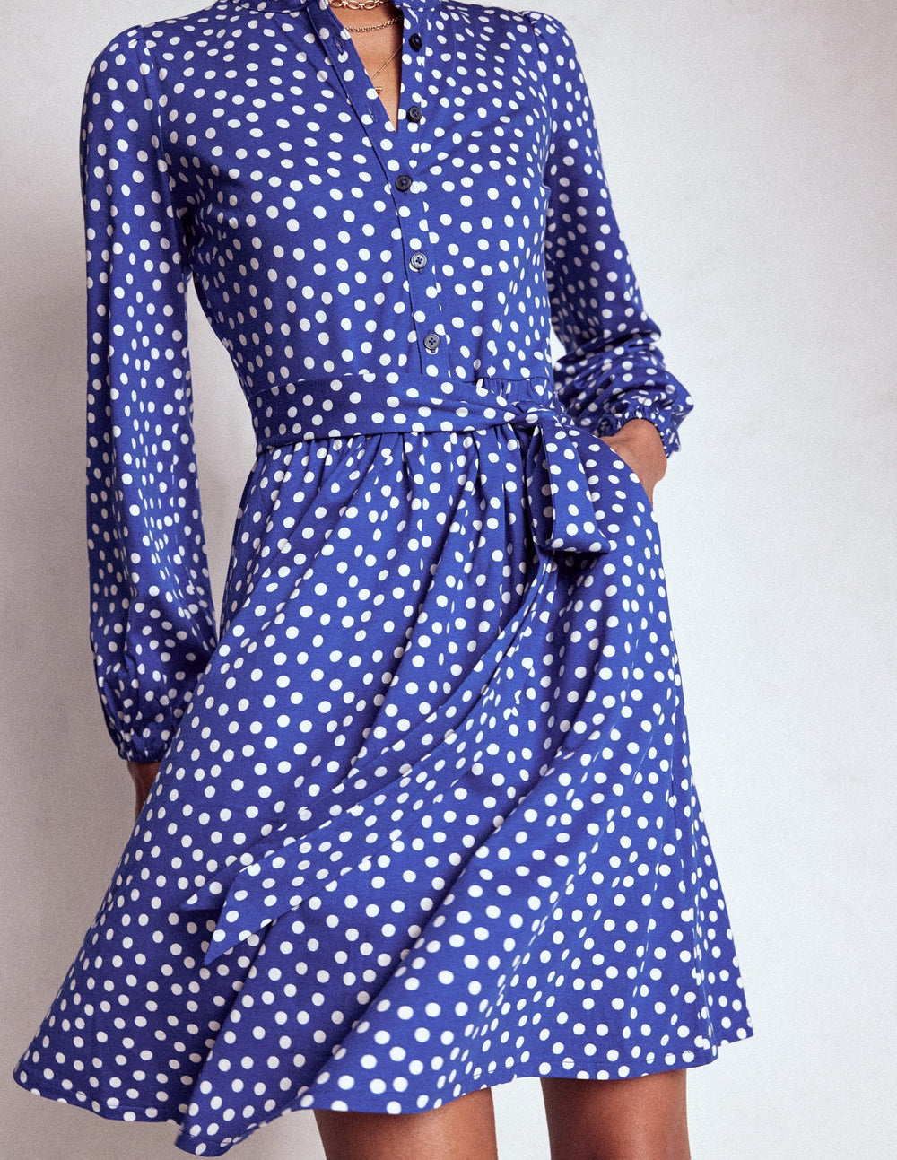 Willow Ruffle Neck Shirt Dress - Bright Blue, Dot