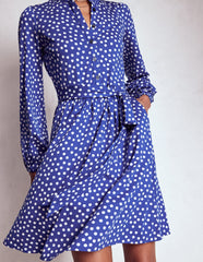 Willow Ruffle Neck Shirt Dress - Bright Blue, Dot
