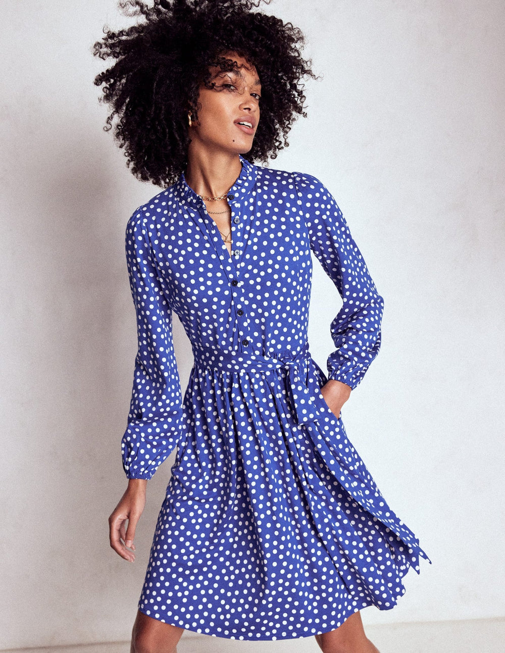 Willow Ruffle Neck Shirt Dress - Bright Blue, Dot