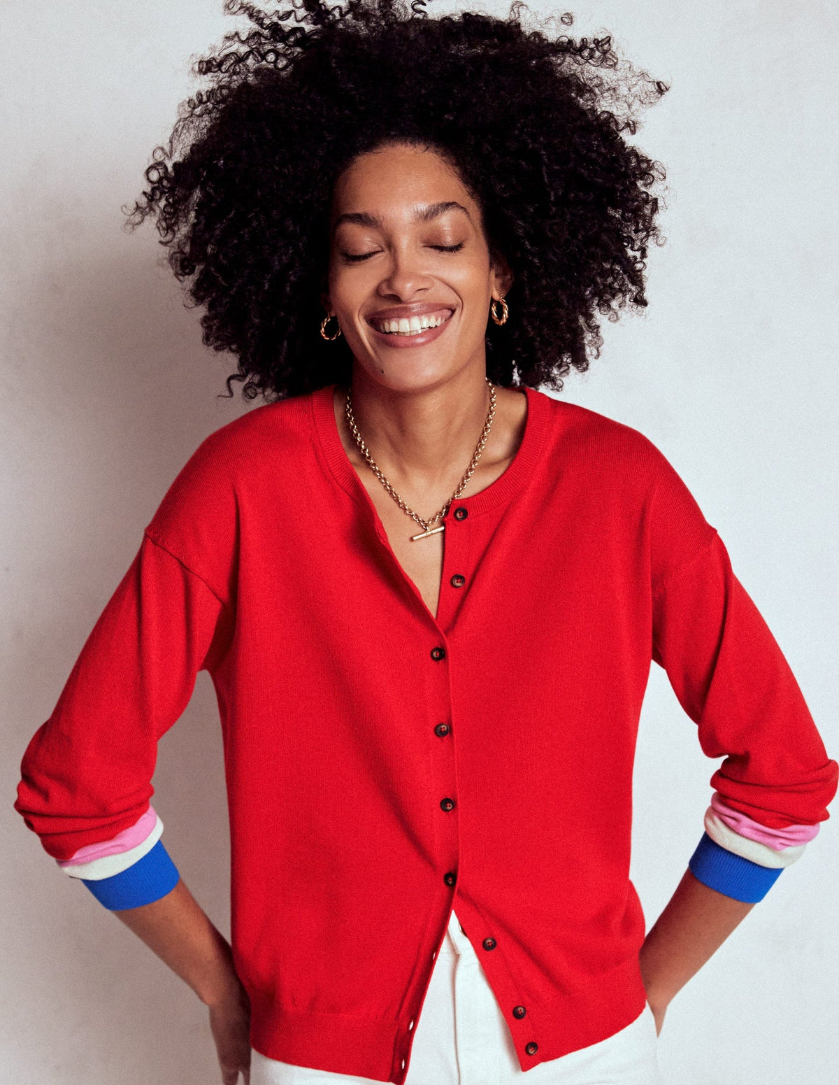 Lara Relaxed Cotton Cardigan - Poppy Red, Cuff Stripe