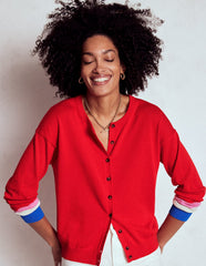 Lara Relaxed Cotton Cardigan - Poppy Red, Cuff Stripe