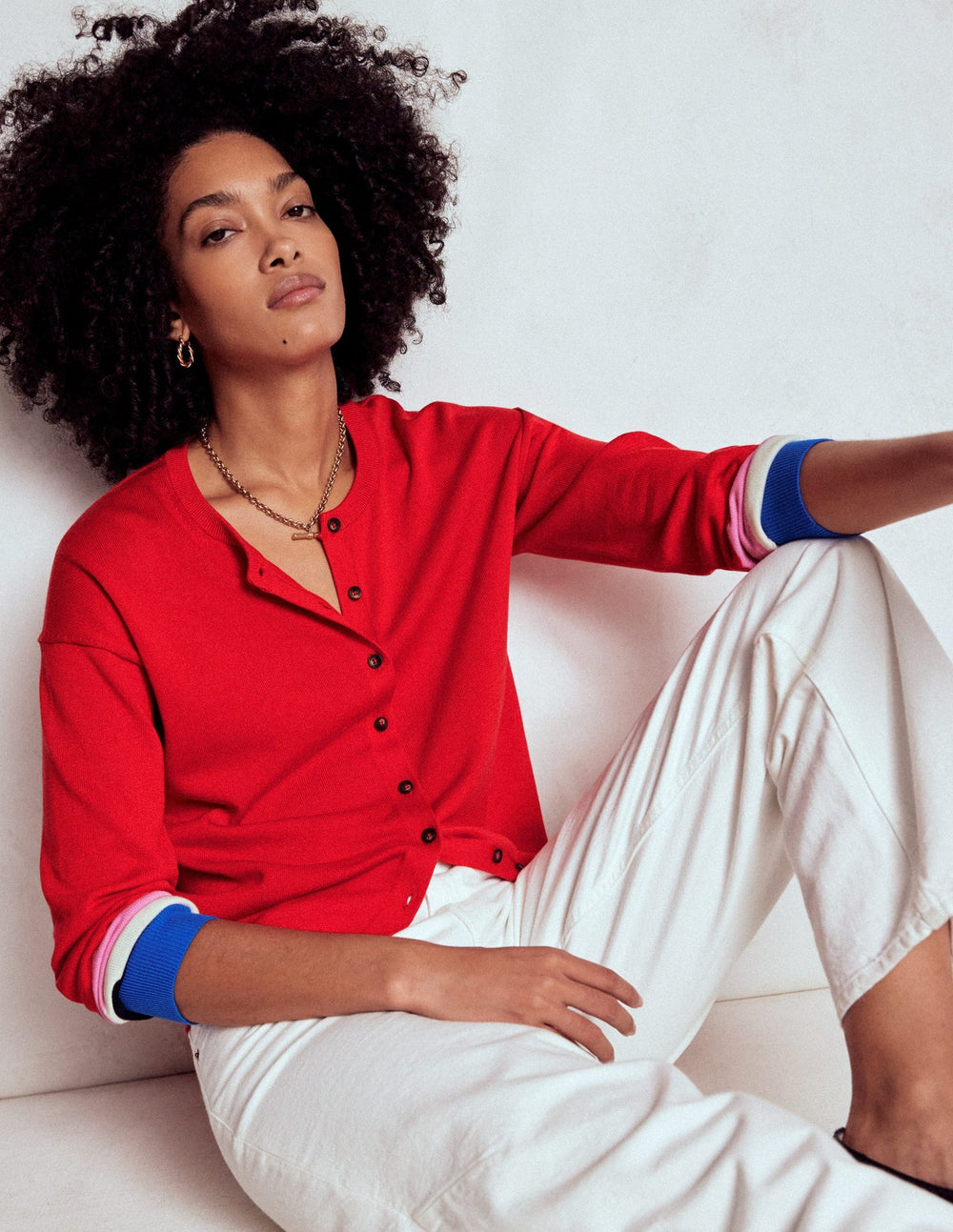 Lara Relaxed Cotton Cardigan - Poppy Red, Cuff Stripe