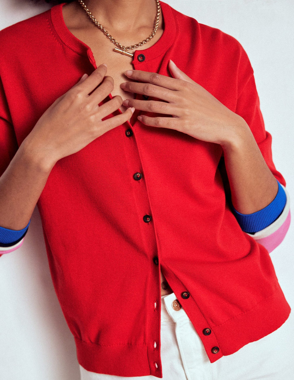 Lara Relaxed Cotton Cardigan - Poppy Red, Cuff Stripe