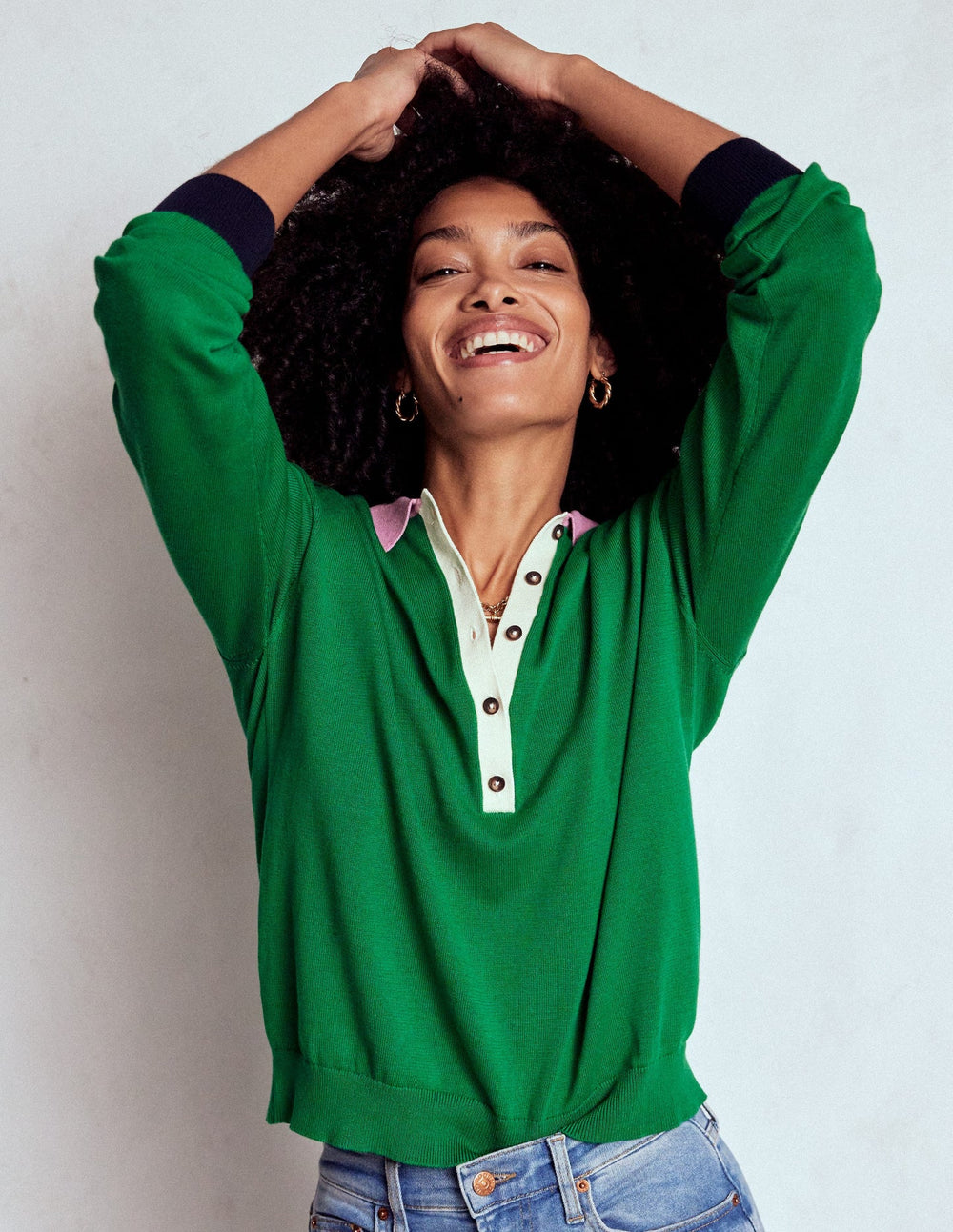 Lara Relaxed Cotton Henley - Rich Emerald Colour Block