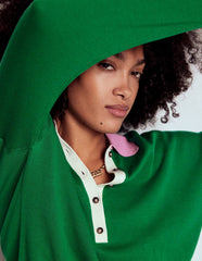 Lara Relaxed Cotton Henley - Rich Emerald Colour Block
