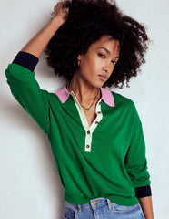 Lara Relaxed Cotton Henley - Rich Emerald Colour Block