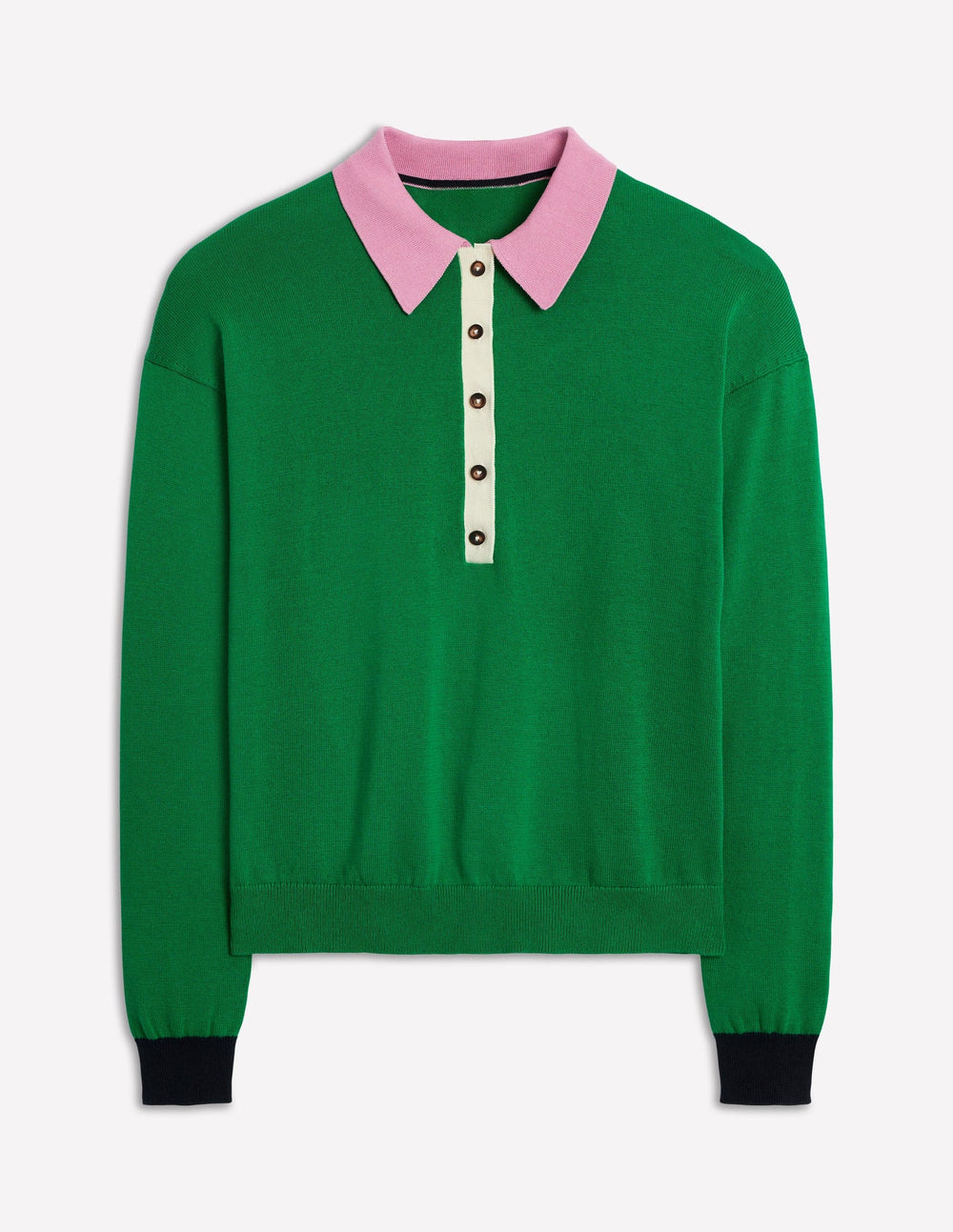 Lara Relaxed Cotton Henley - Rich Emerald Colour Block