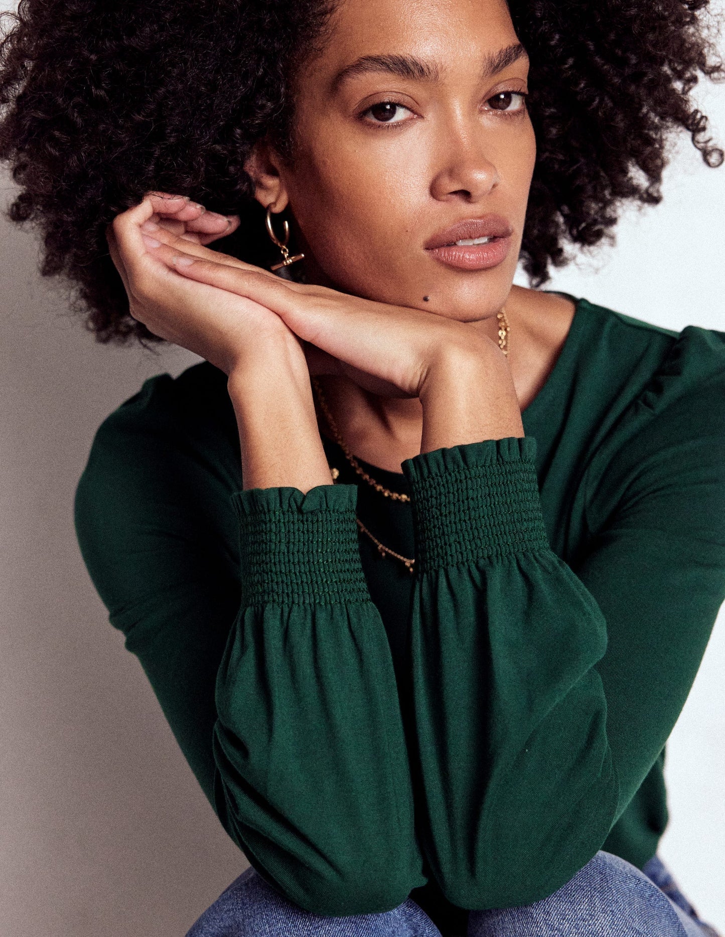 Smocked Cuff Supersoft Top - Green Pine