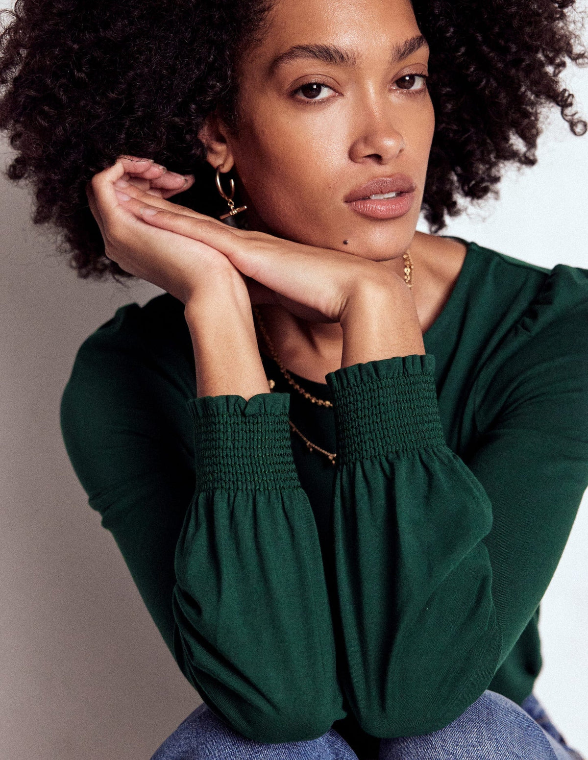 Smocked Cuff Supersoft Top - Green Pine