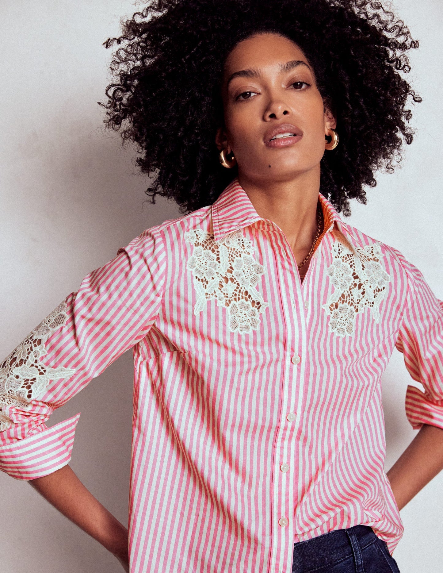 Sienna Interest Cotton Shirt - Pink and Ivory Cutwork Stripe