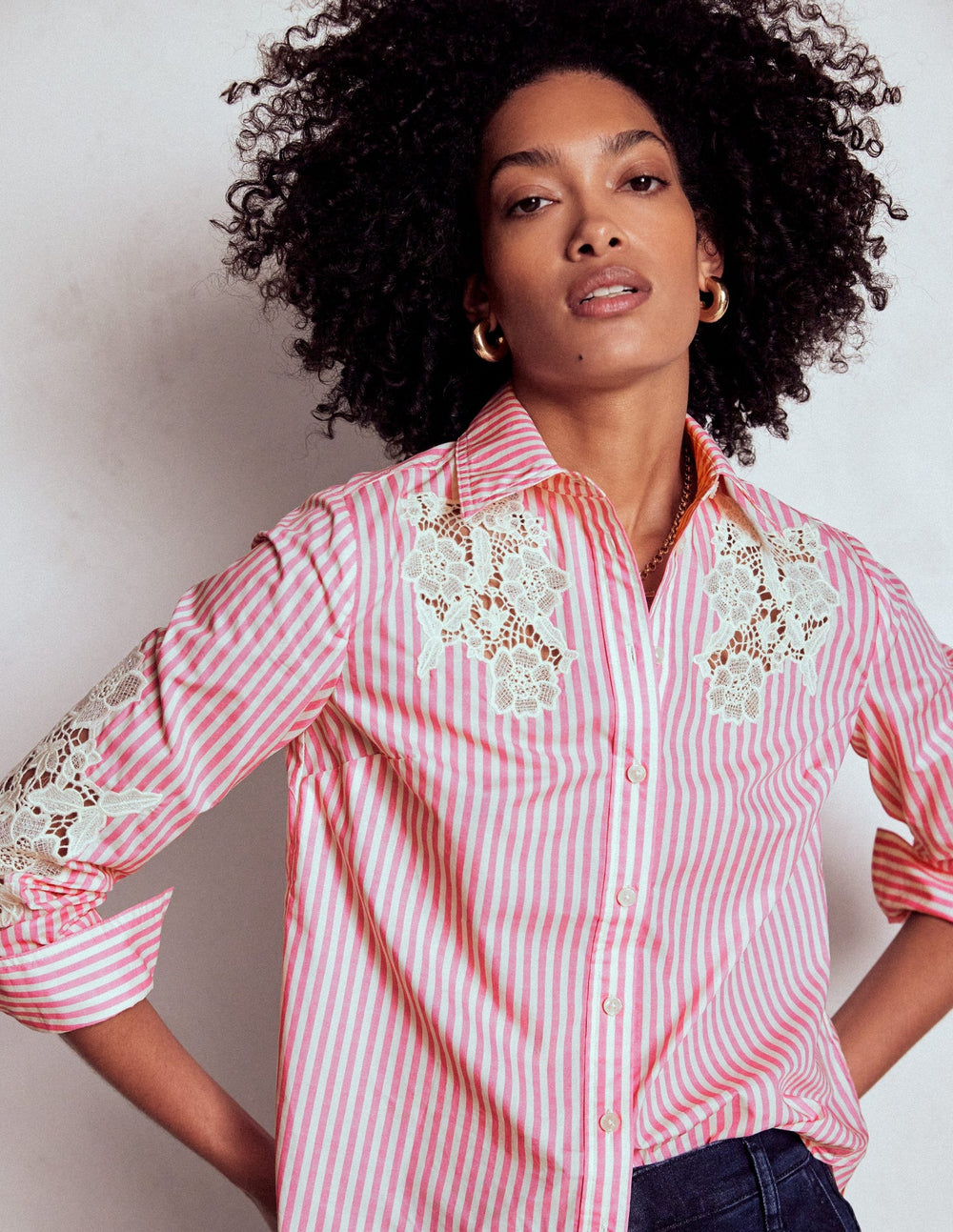 Sienna Interest Cotton Shirt - Pink and Ivory Cutwork Stripe