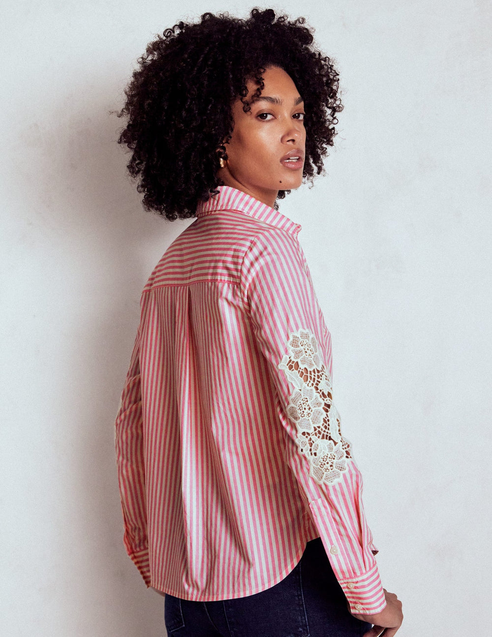 Sienna Interest Cotton Shirt - Pink and Ivory Cutwork Stripe