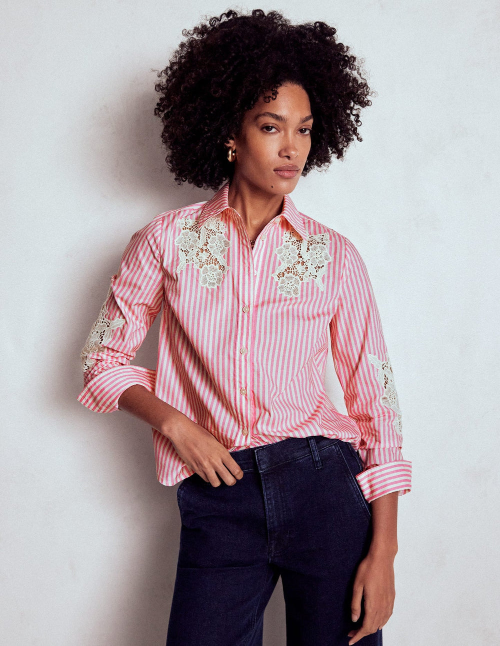 Sienna Interest Cotton Shirt - Pink and Ivory Cutwork Stripe