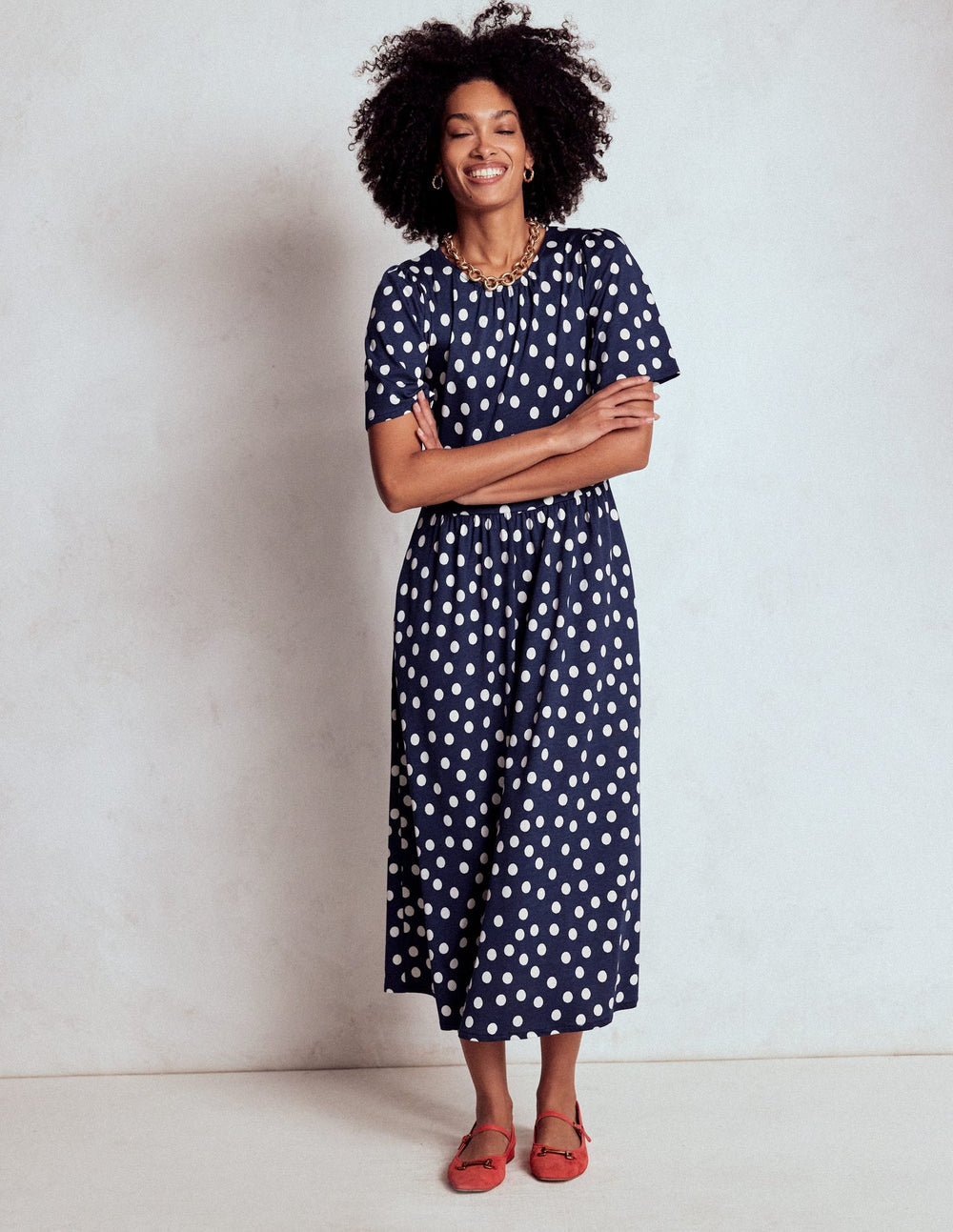 Louisa Jersey Midi Dress - French Navy, Painted Dot
