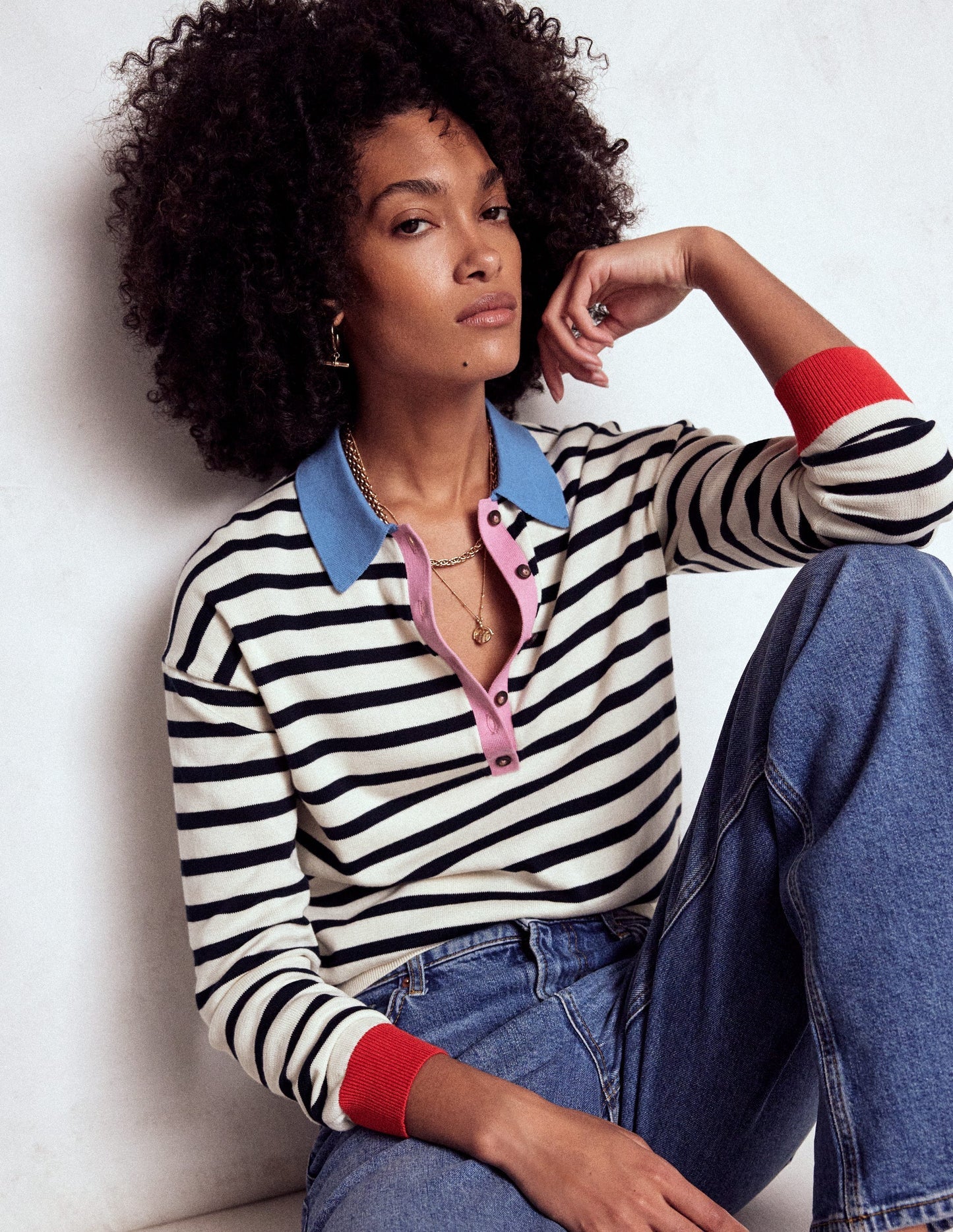 Lara Relaxed Cotton Henley - Navy/ Warm Ivory