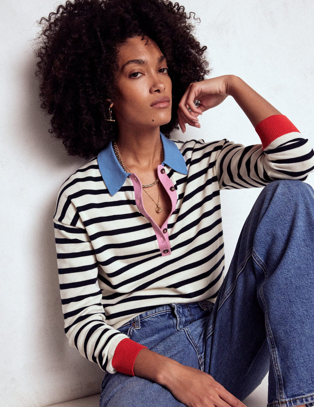Lara Relaxed Cotton Henley - Navy/ Warm Ivory