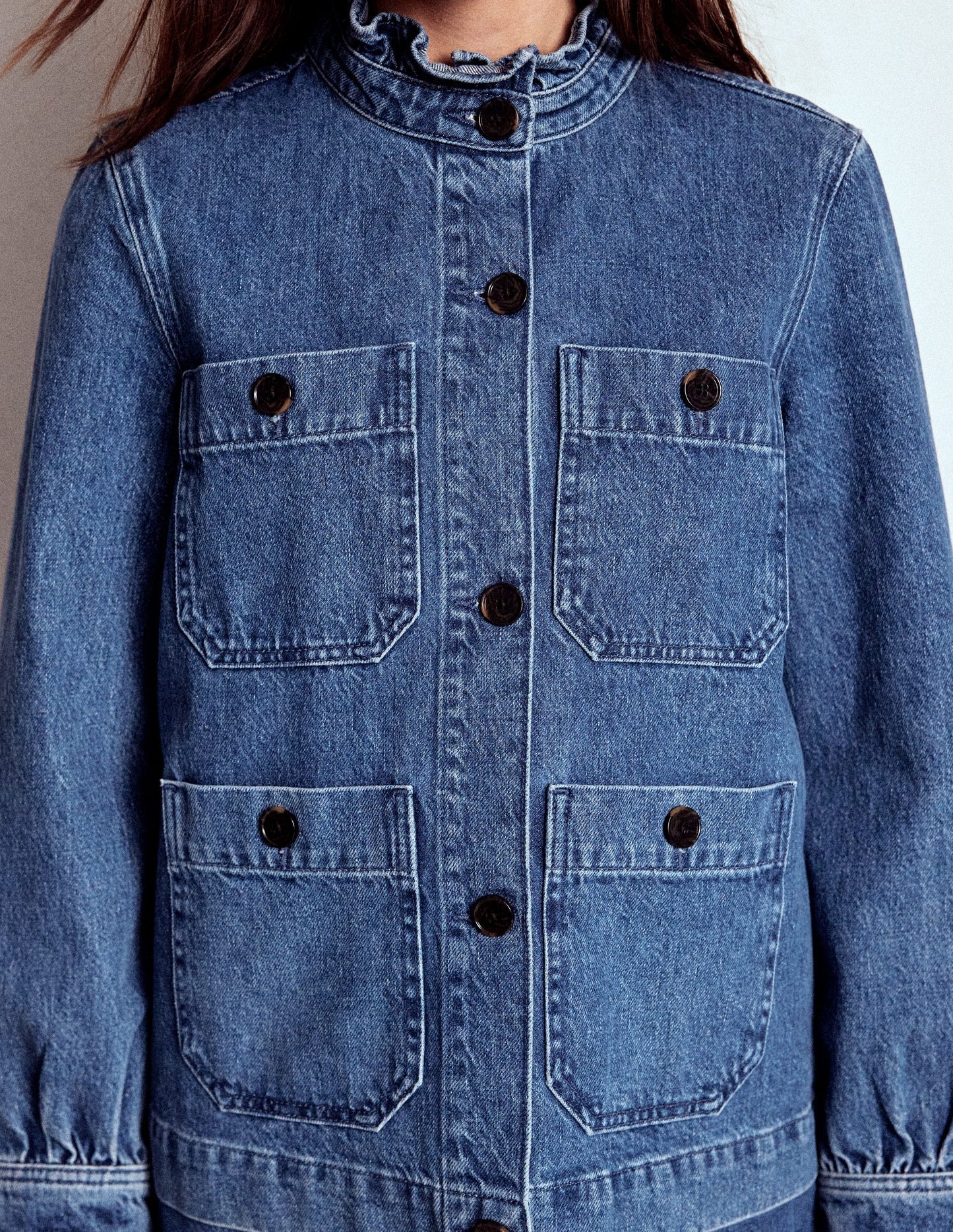 Denim Frill Collar Jacket - Mid Wash