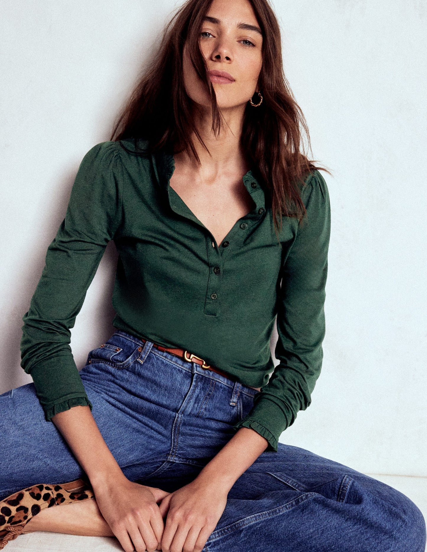 Supersoft Frill Henley Top - Green Pine