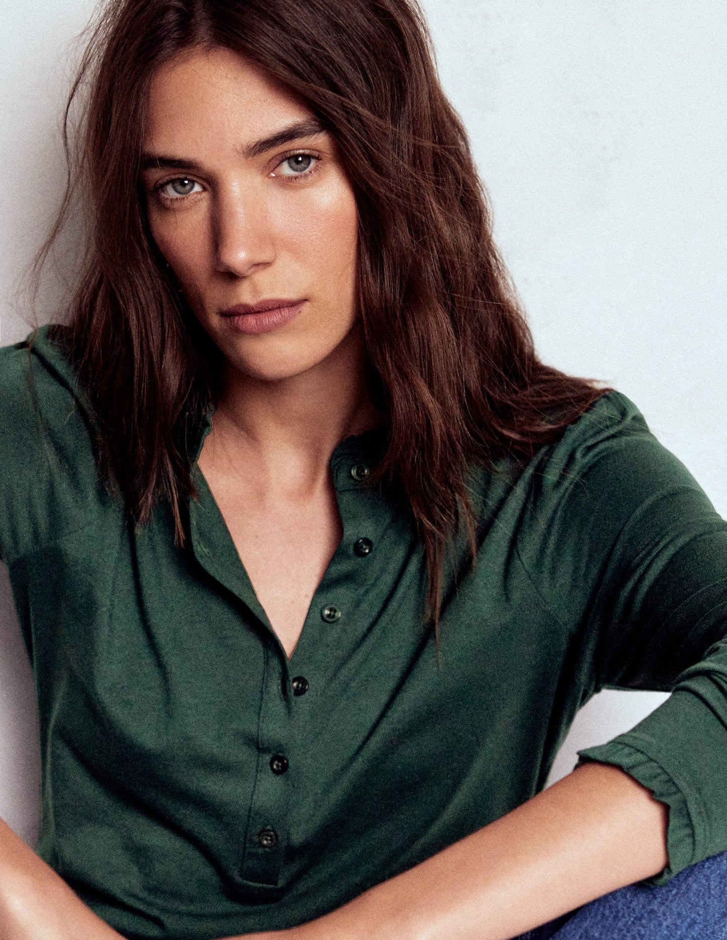 Supersoft Frill Henley Top - Green Pine