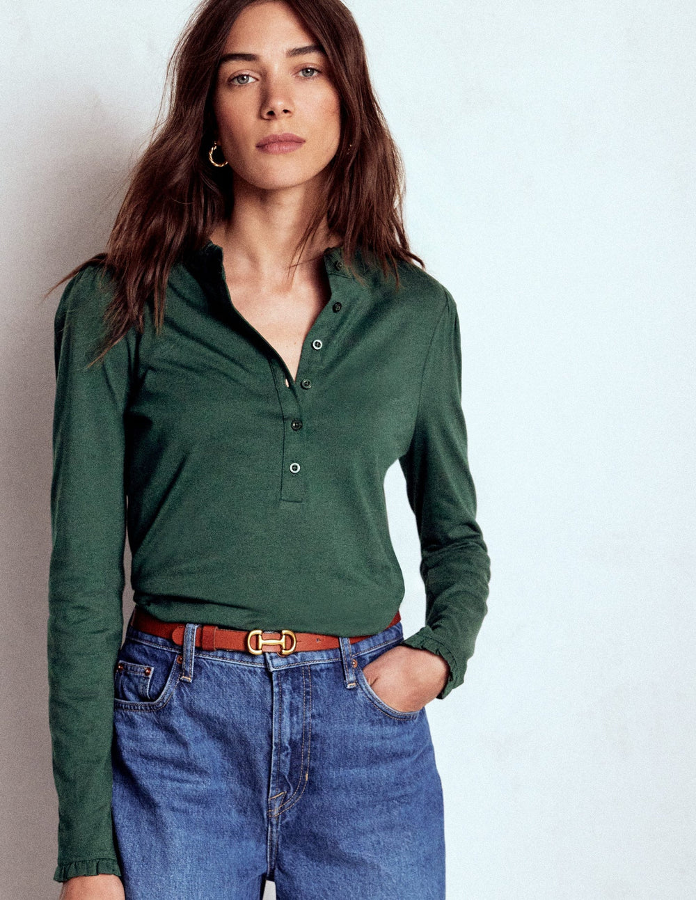 Supersoft Frill Henley Top - Green Pine