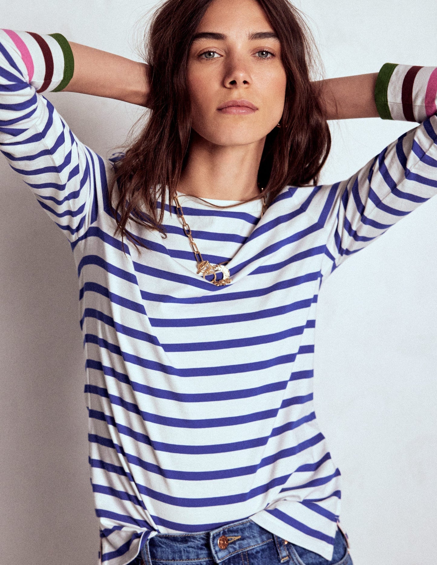 Olivia Long Sleeve Breton - Kingfisher Blue, Multi Cuff