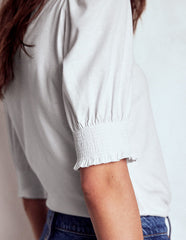 Short Sleeve Smocked Cuff Top - White