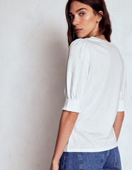 Short Sleeve Smocked Cuff Top - White