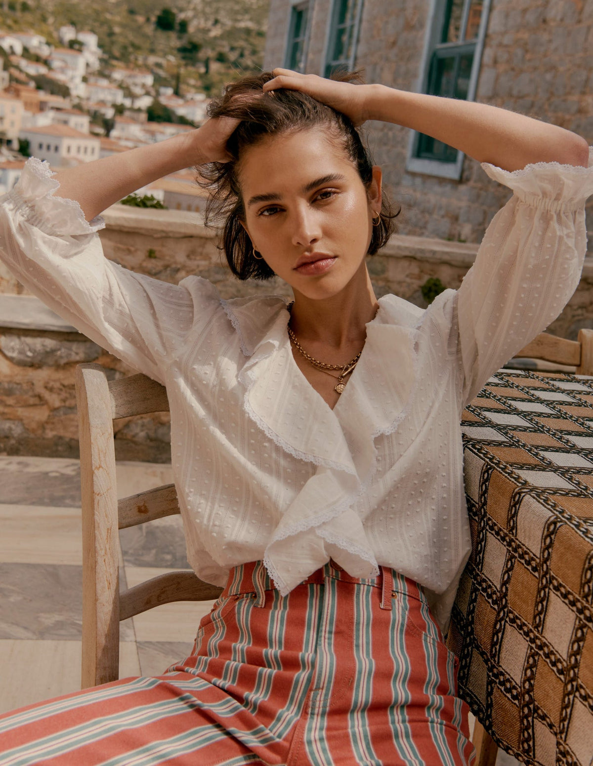 Ruffle V - Neck Blouse - White