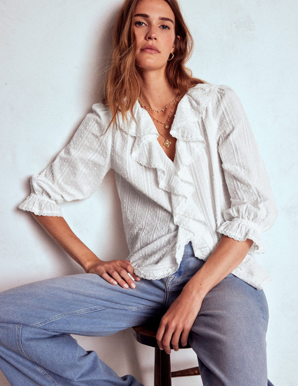 Ruffle V - Neck Blouse - White