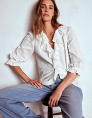 Ruffle V - Neck Blouse - White