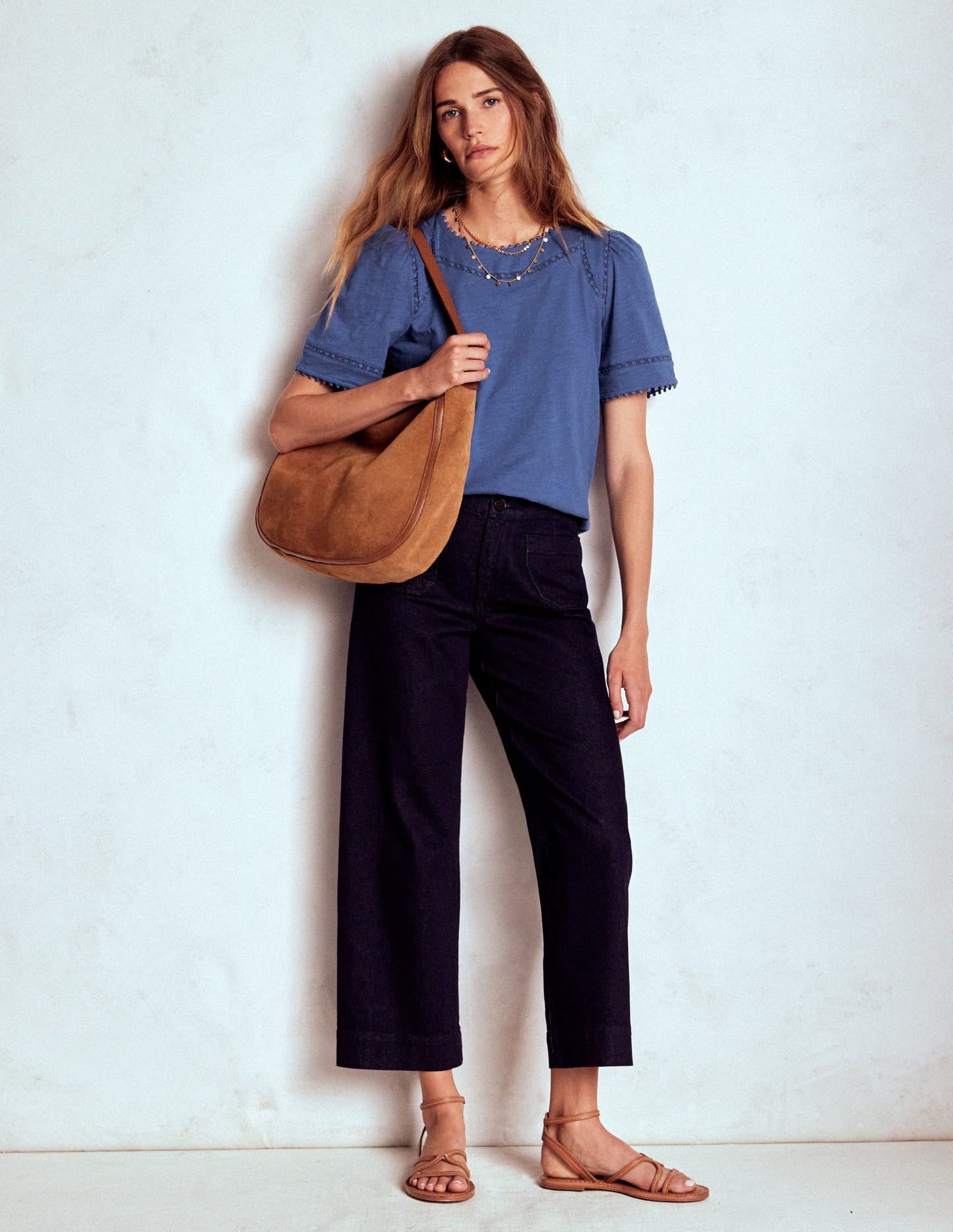 Mila Lace Trim Top - Denim Blue