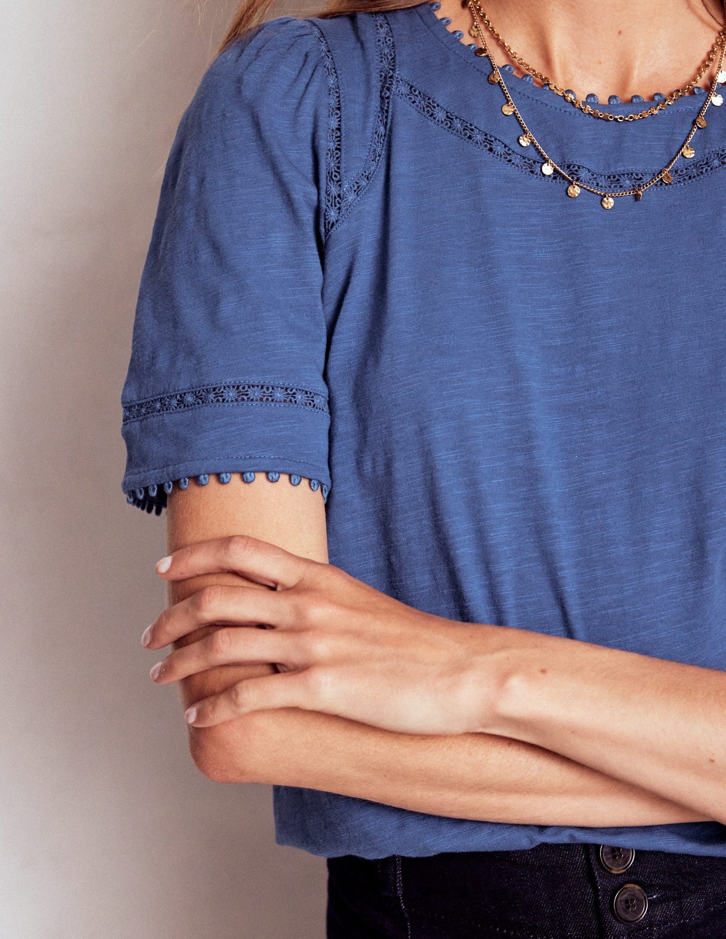 Mila Lace Trim Top - Denim Blue